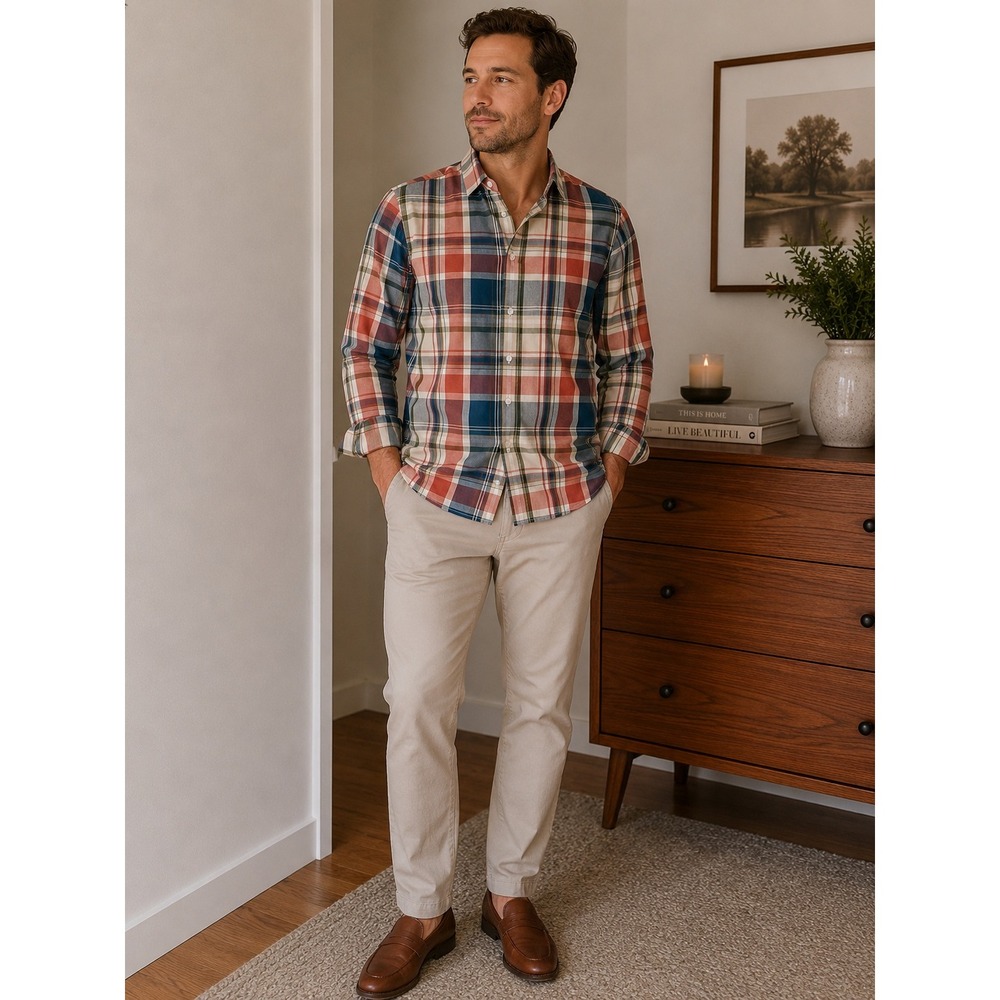 Foxcroft Wrinkle Free Plaid Button Down Shirt Mens 8 Shaped Fit 3/4 Sleeve Multi
